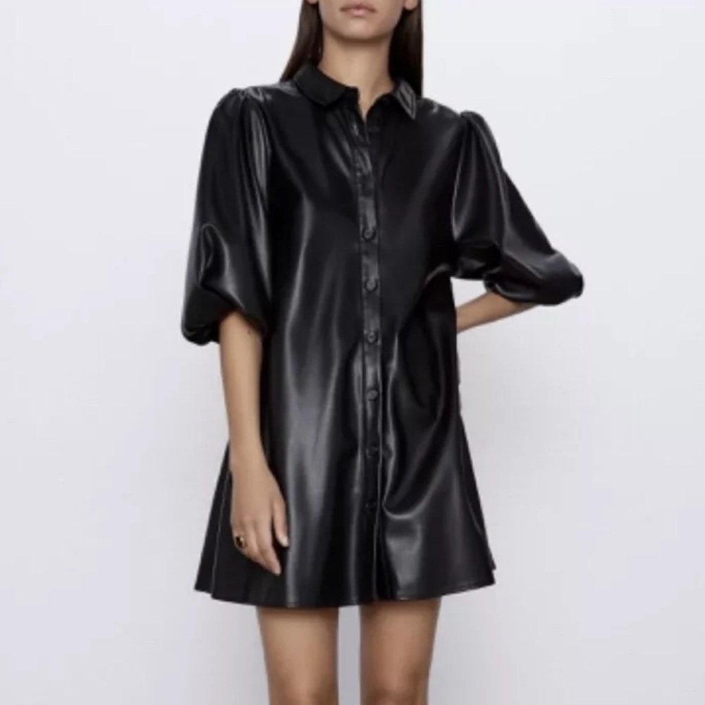 Zara Faux Leather Button Front Collared Shirt Mini Dress Xs